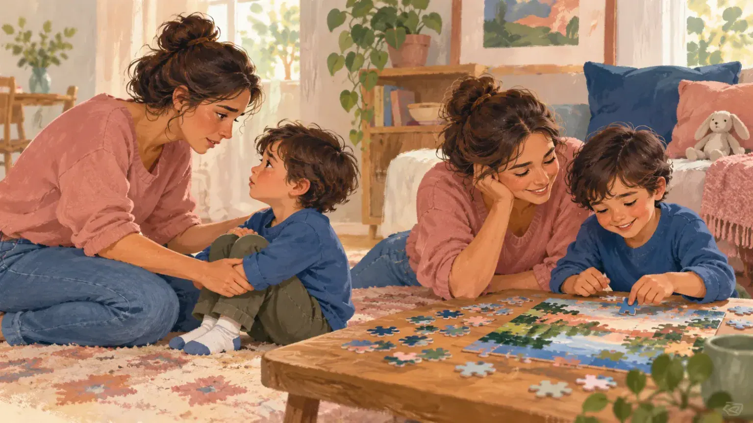 A parent listens and reconnects with a child after a tense moment, then they work on a puzzle together