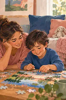 A parent listens and reconnects with a child after a tense moment, then they work on a puzzle together
