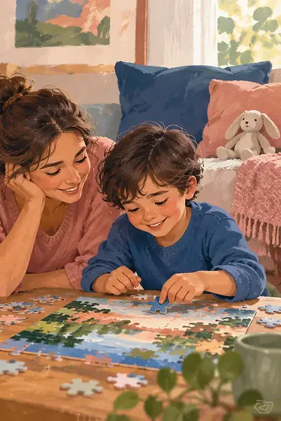 A parent listens and reconnects with a child after a tense moment, then they work on a puzzle together