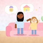 Illustration of a parent and child on a pink sofa with speech bubbles showing a cat in a hat and a mouse in a house