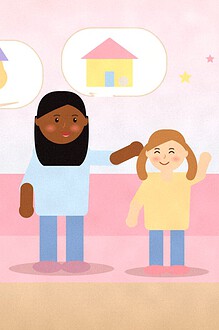 Illustration of a parent and child on a pink sofa with speech bubbles showing a cat in a hat and a mouse in a house