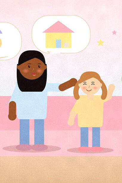 Illustration of a parent and child on a pink sofa with speech bubbles showing a cat in a hat and a mouse in a house