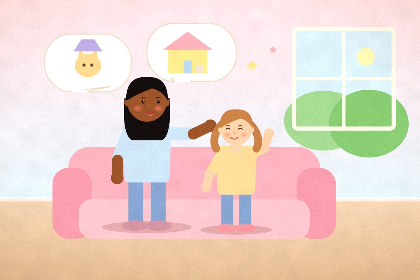 Illustration of a parent and child on a pink sofa with speech bubbles showing a cat in a hat and a mouse in a house