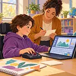 A wheelchair-using student tries a trackball and on-screen keyboard during a class project while a teacher takes notes