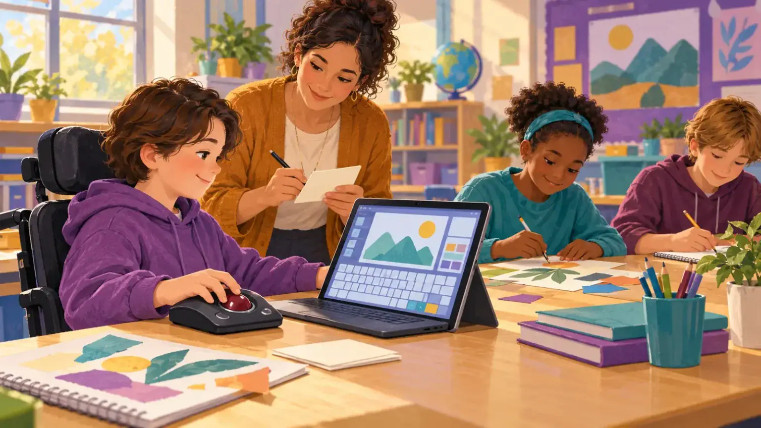 A wheelchair-using student tries a trackball and on-screen keyboard during a class project while a teacher takes notes