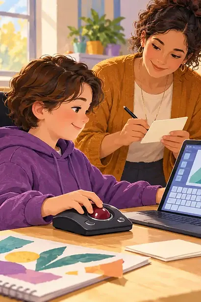 A wheelchair-using student tries a trackball and on-screen keyboard during a class project while a teacher takes notes