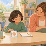 Quiet child choosing a communication card beside a calm teacher in a softly lit classroom