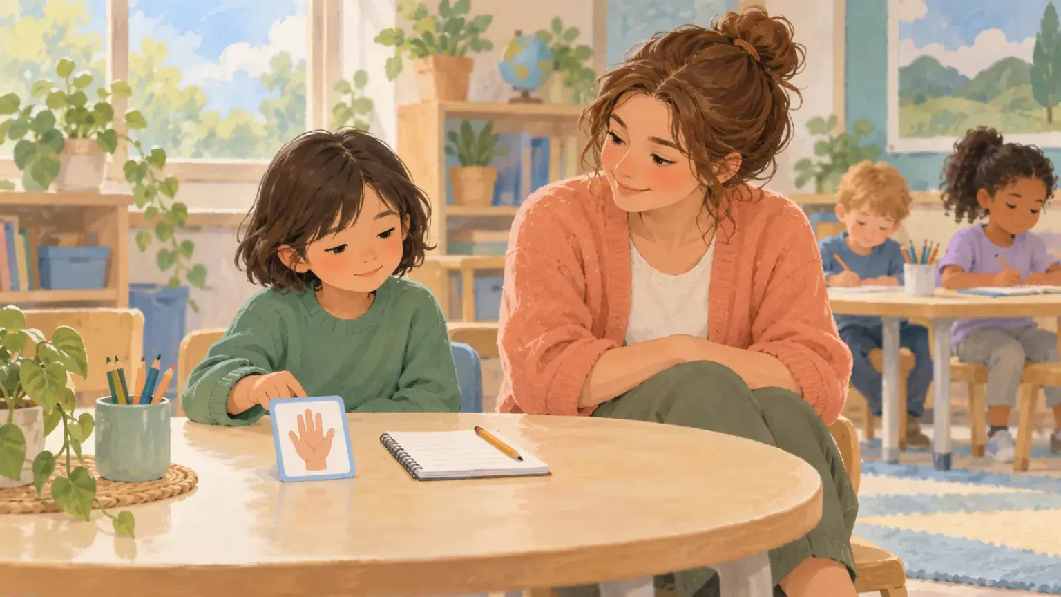 Quiet child choosing a communication card beside a calm teacher in a softly lit classroom