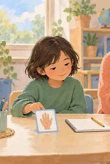 Quiet child choosing a communication card beside a calm teacher in a softly lit classroom