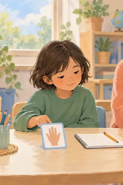 Quiet child choosing a communication card beside a calm teacher in a softly lit classroom