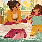 Child choosing between several soft clothing options arranged with a caregiver on a bed
