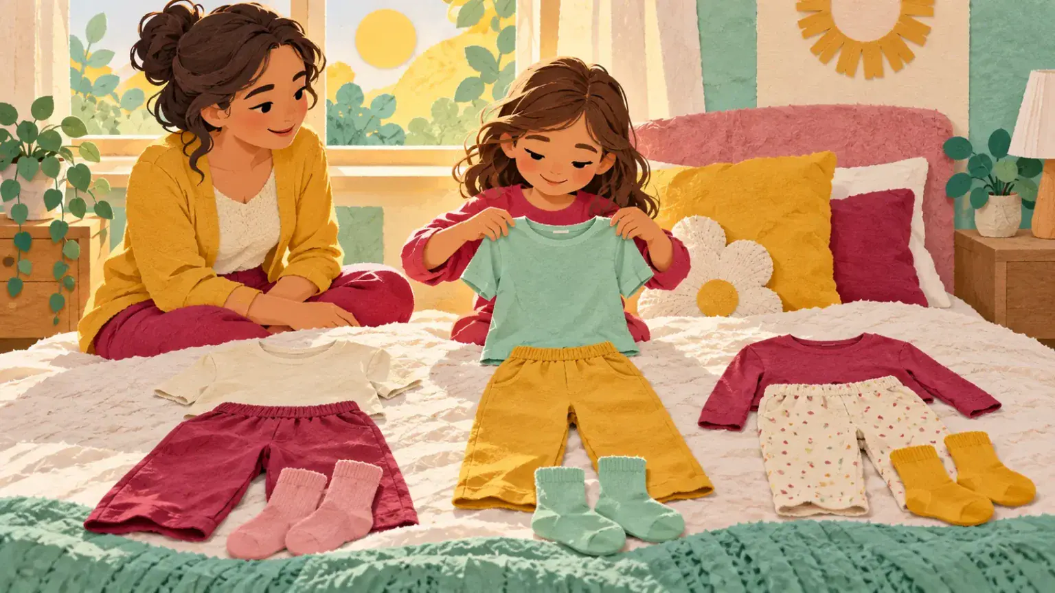 Child choosing between several soft clothing options arranged with a caregiver on a bed