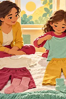 Child choosing between several soft clothing options arranged with a caregiver on a bed