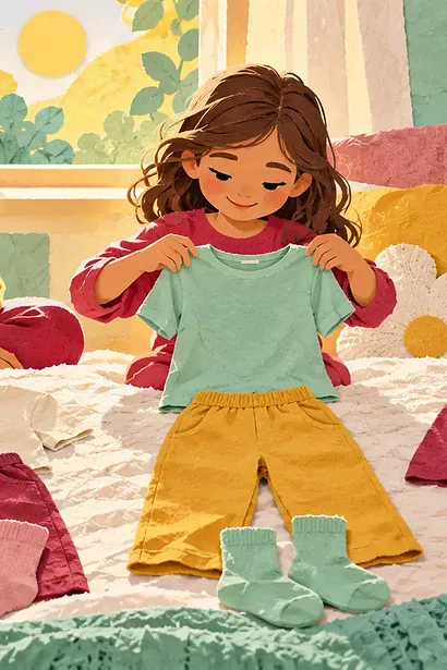 Child choosing between several soft clothing options arranged with a caregiver on a bed