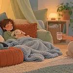 Child resting safely in a low-stimulation corner while a caregiver offers water from a respectful distance