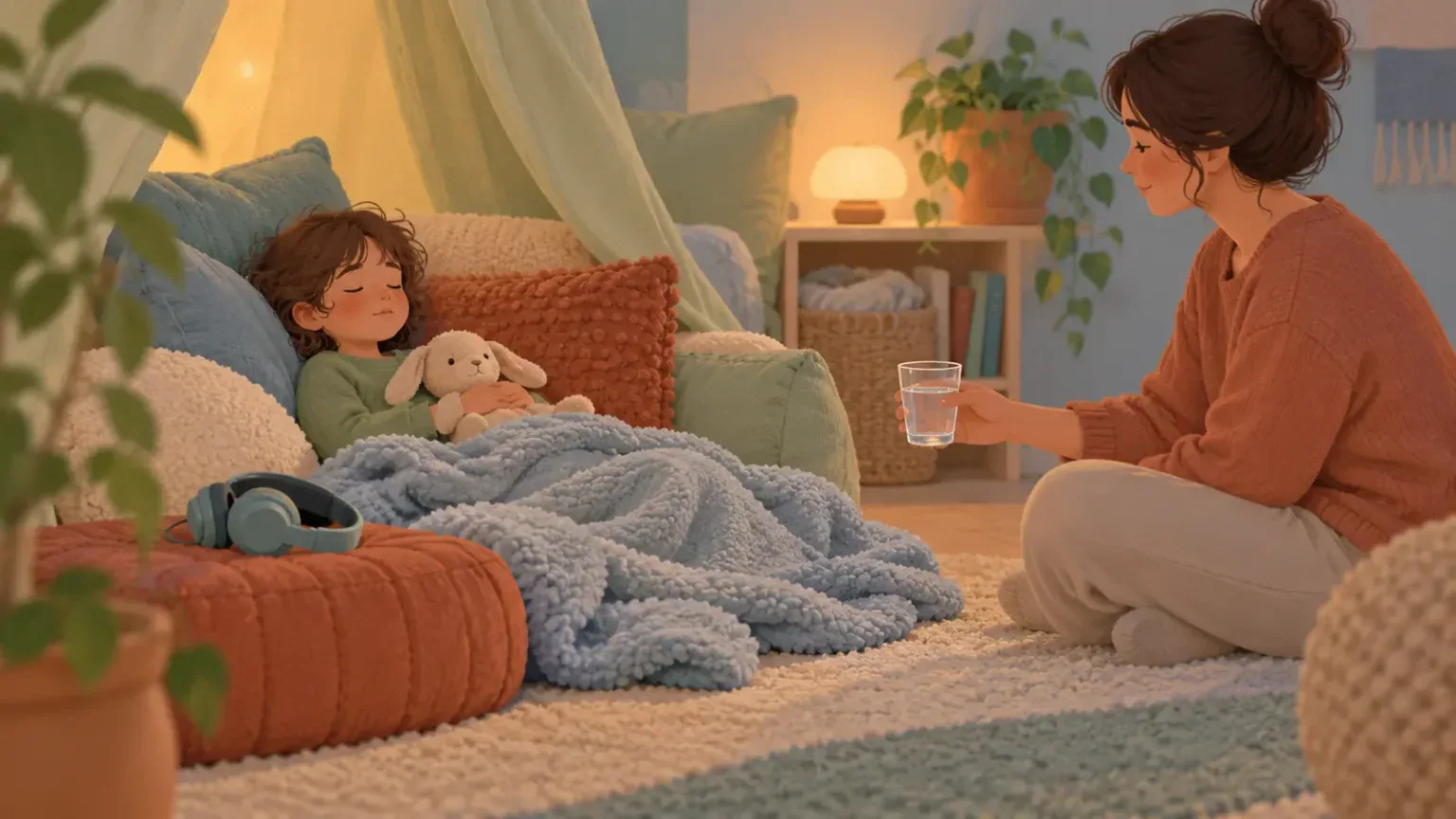 Child resting safely in a low-stimulation corner while a caregiver offers water from a respectful distance