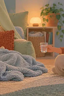 Child resting safely in a low-stimulation corner while a caregiver offers water from a respectful distance