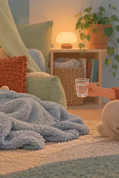 Child resting safely in a low-stimulation corner while a caregiver offers water from a respectful distance