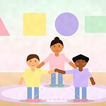 Illustration of three children holding hands to form a triangle on a rug under paper shapes on the wall