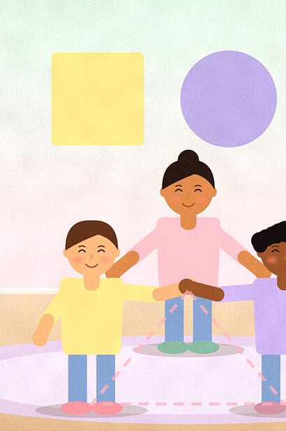 Illustration of three children holding hands to form a triangle on a rug under paper shapes on the wall