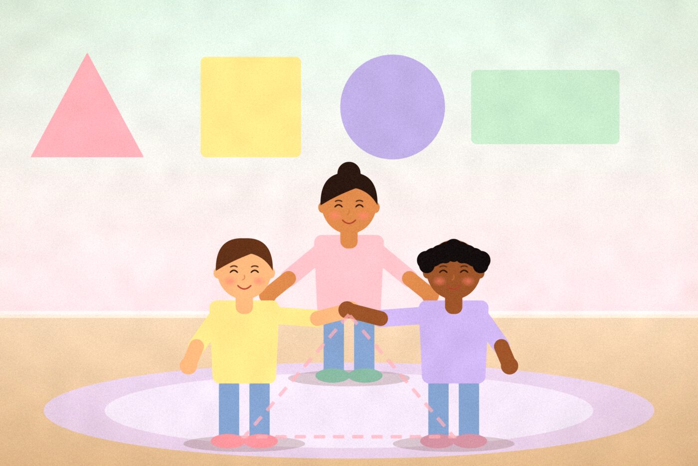 Illustration of three children holding hands to form a triangle on a rug under paper shapes on the wall