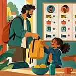 Three caregivers use a simple household planning board to divide school, laundry and meal tasks