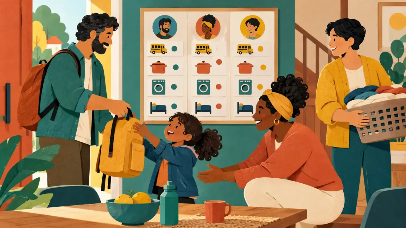 Three caregivers use a simple household planning board to divide school, laundry and meal tasks