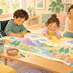 Pastel illustration of siblings, including a child using a wheelchair, making a paper mural