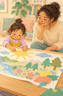 Pastel illustration of siblings, including a child using a wheelchair, making a paper mural