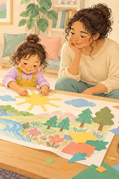 Pastel illustration of siblings, including a child using a wheelchair, making a paper mural
