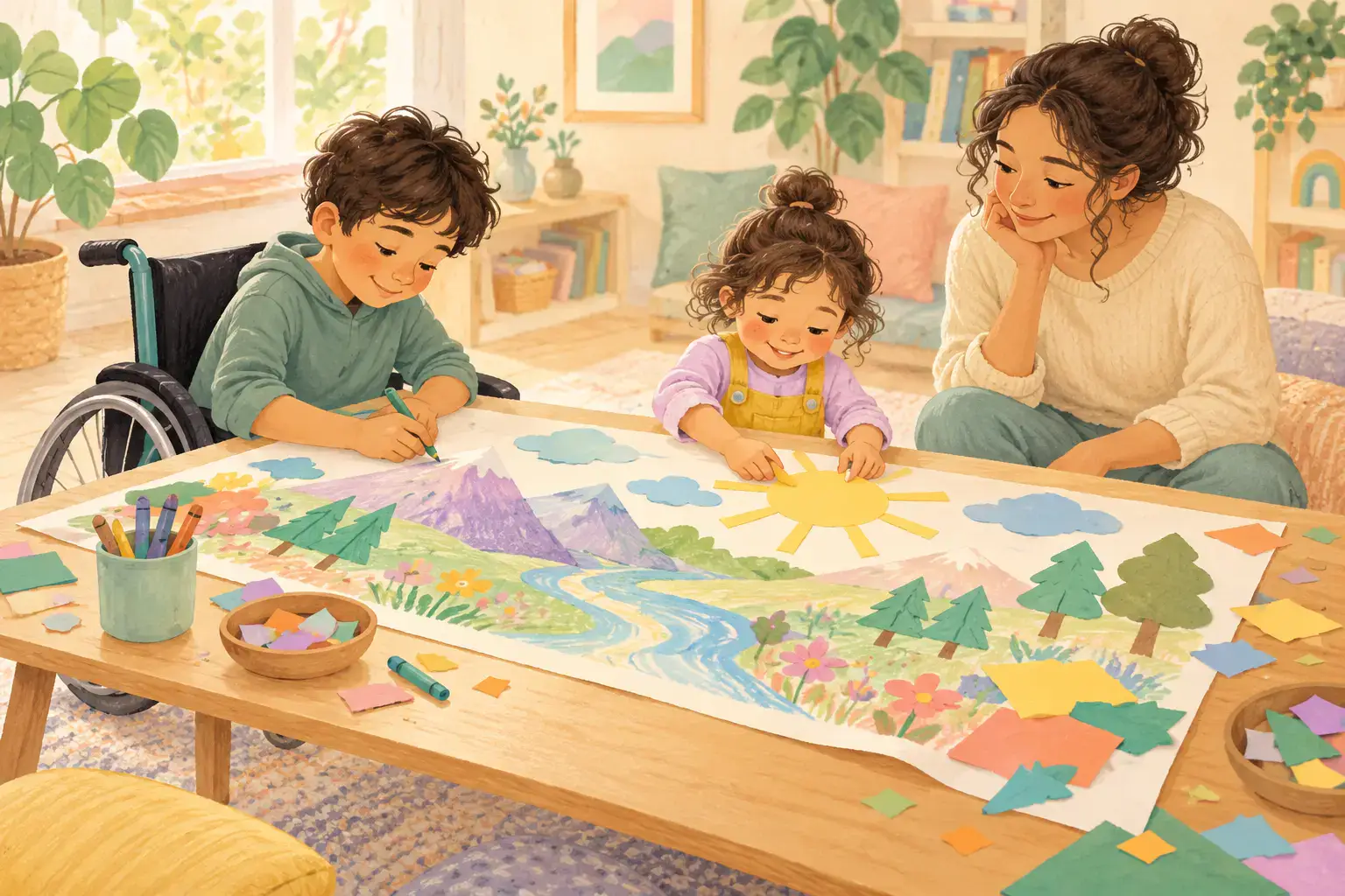 Pastel illustration of siblings, including a child using a wheelchair, making a paper mural