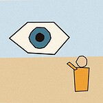 Linocut-style woodblock print illustration of a large stylised eye with two small figures standing beneath it, representing children's vision health