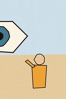 Linocut-style woodblock print illustration of a large stylised eye with two small figures standing beneath it, representing children's vision health