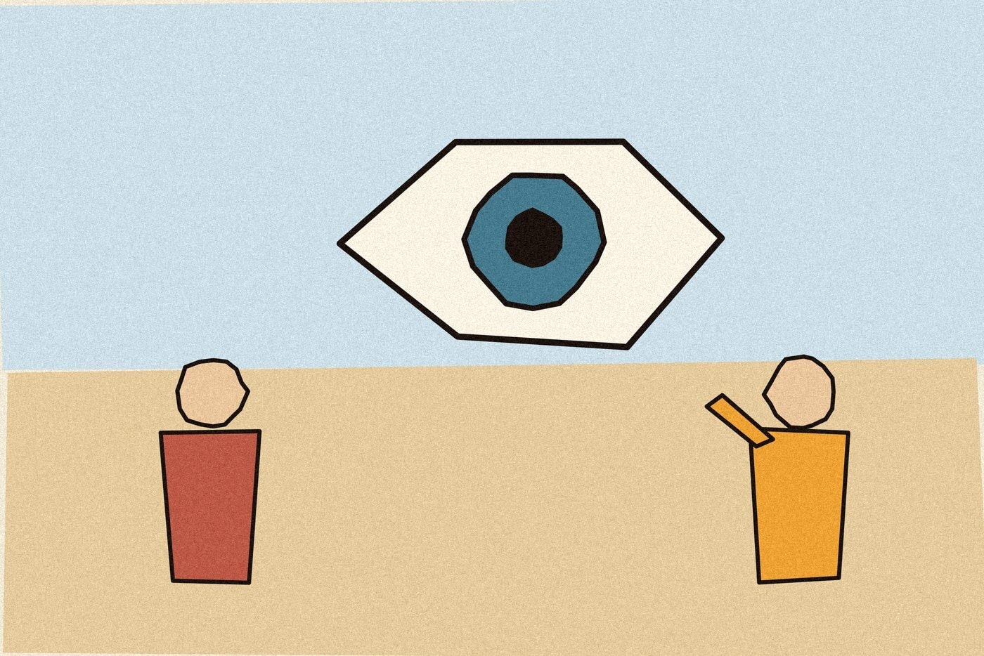 Linocut-style woodblock print illustration of a large stylised eye with two small figures standing beneath it, representing children's vision health