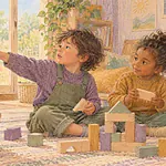 Two children building with blocks while one points and a caregiver supports their different communication styles
