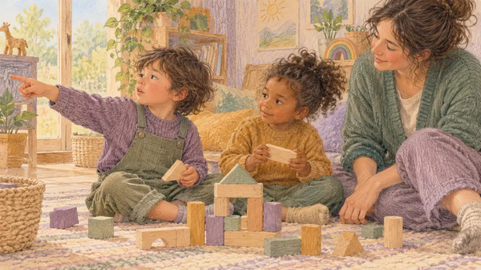 Two children building with blocks while one points and a caregiver supports their different communication styles
