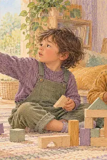 Two children building with blocks while one points and a caregiver supports their different communication styles