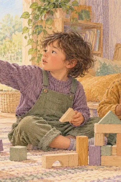 Two children building with blocks while one points and a caregiver supports their different communication styles
