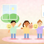 Illustration of four children on a rug each holding up a paper plate with a happy or cross face, with a picture of a spilled drink on the wall