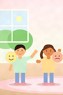 Illustration of four children on a rug each holding up a paper plate with a happy or cross face, with a picture of a spilled drink on the wall