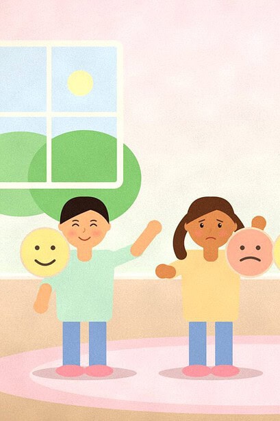 Illustration of four children on a rug each holding up a paper plate with a happy or cross face, with a picture of a spilled drink on the wall