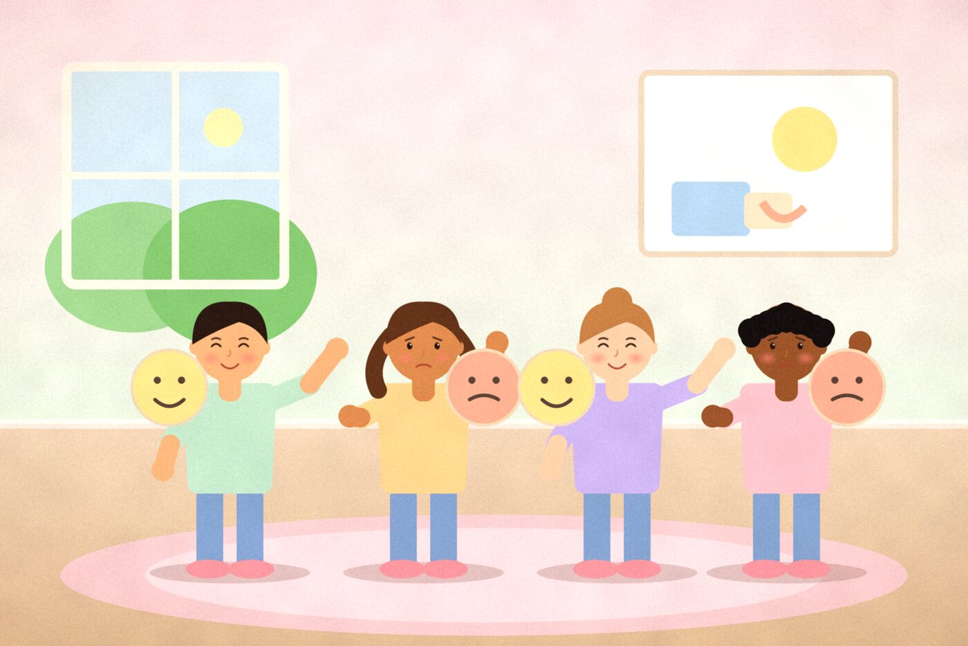 Illustration of four children on a rug each holding up a paper plate with a happy or cross face, with a picture of a spilled drink on the wall