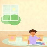 Illustration of a child sitting on a rug sorting small objects into four baskets marked with a circle, square, triangle and star
