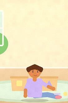 Illustration of a child sitting on a rug sorting small objects into four baskets marked with a circle, square, triangle and star