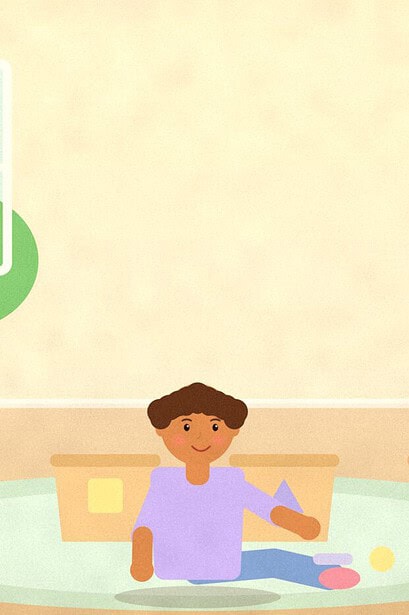 Illustration of a child sitting on a rug sorting small objects into four baskets marked with a circle, square, triangle and star