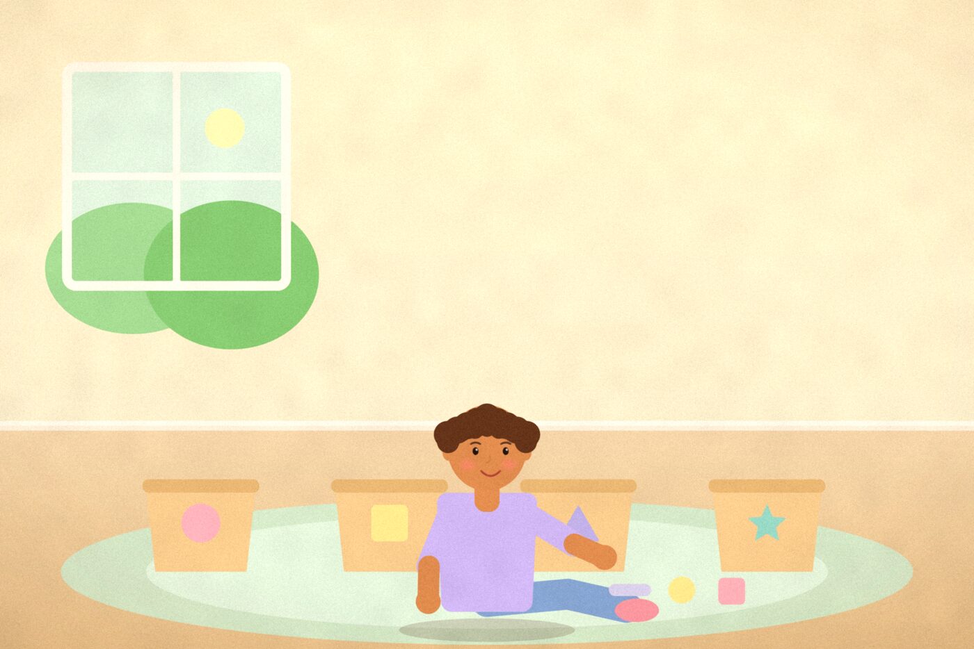 Illustration of a child sitting on a rug sorting small objects into four baskets marked with a circle, square, triangle and star