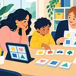 Student parent teacher and speech-language specialist building a support plan with visual cards