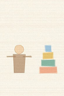 Crayon and wax texture style illustration for the early childhood activity 'Stack It Up: one toy that grows with your child', with soft layered colour and a hand drawn feel