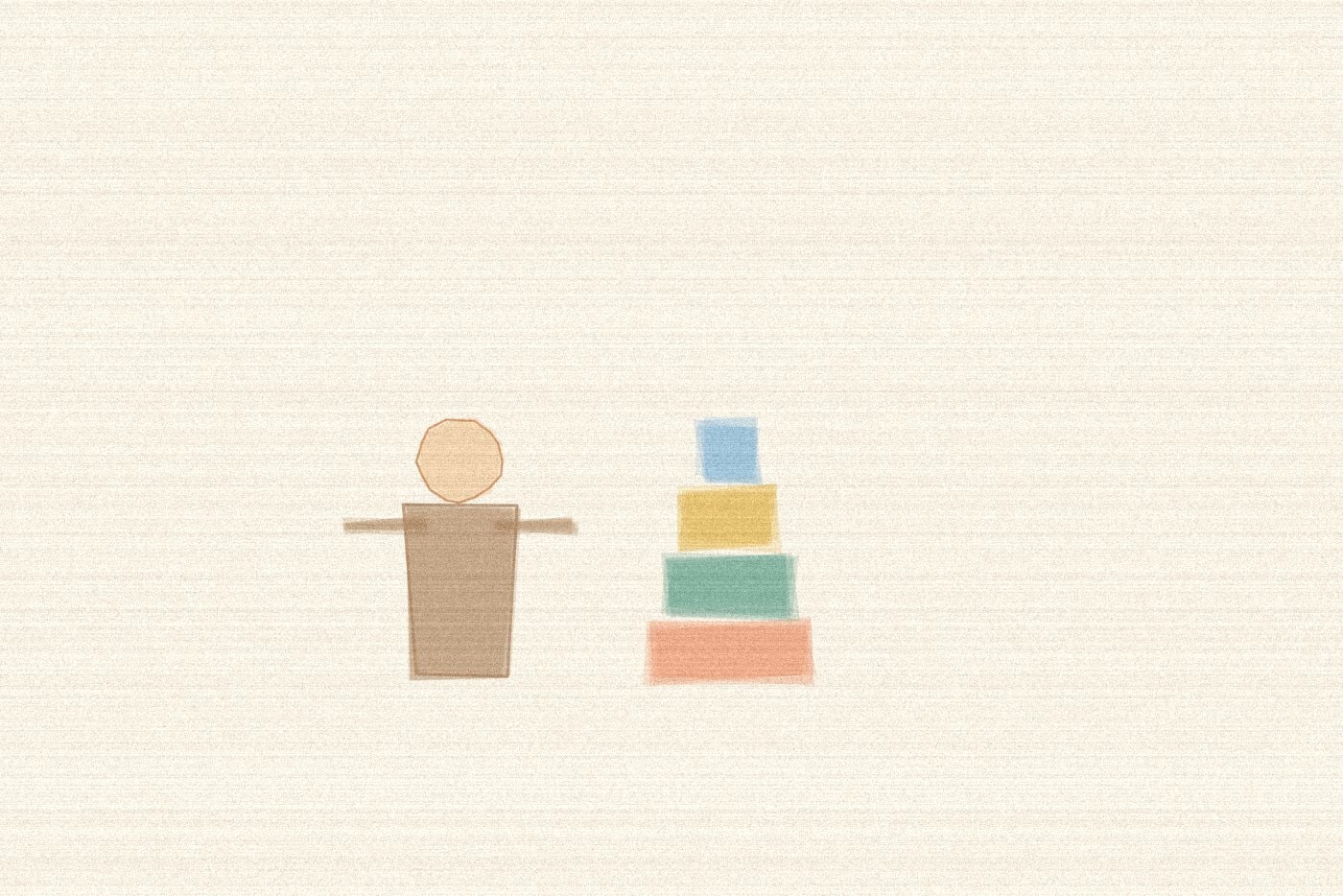 Crayon and wax texture style illustration for the early childhood activity 'Stack It Up: one toy that grows with your child', with soft layered colour and a hand drawn feel
