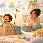 Pastel illustration of a child imagining a cardboard boat adventure beside a caregiver